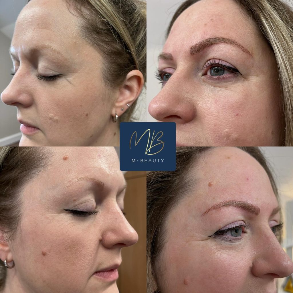 Four pictures of before and after eyebrow microblading