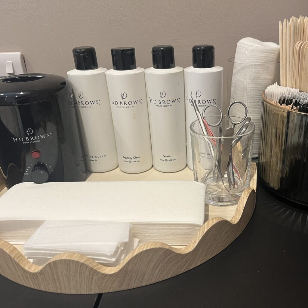 A display of products, utensils, and wipes
